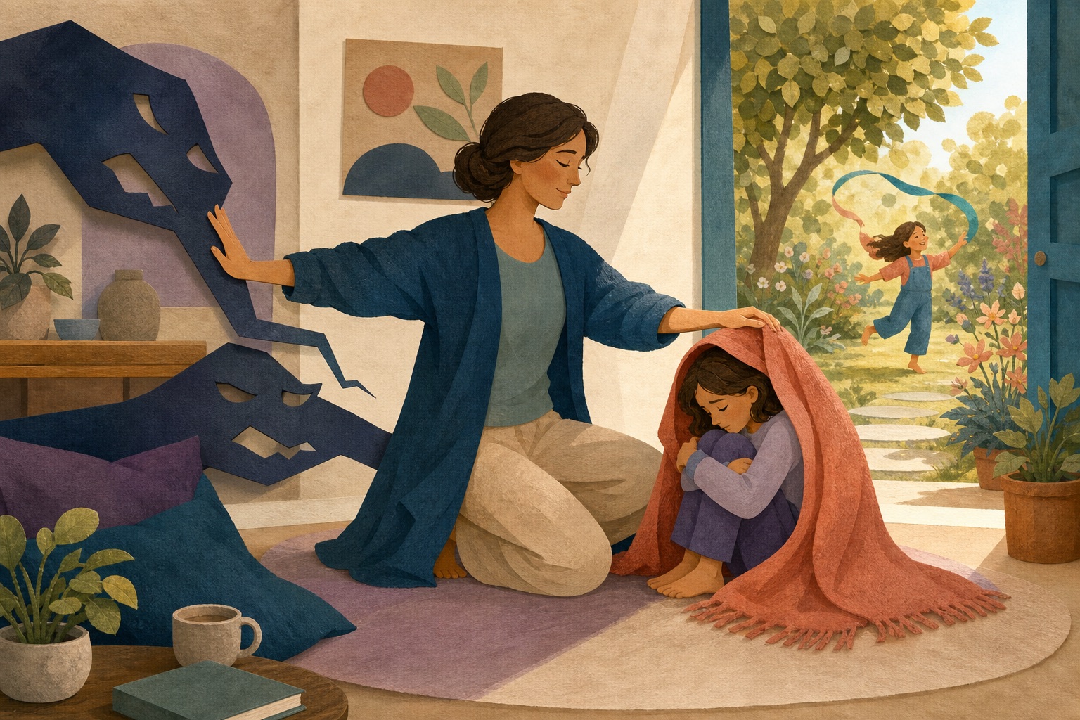 A grounded adult setting limits on harsh shapes while protecting vulnerability and welcoming play