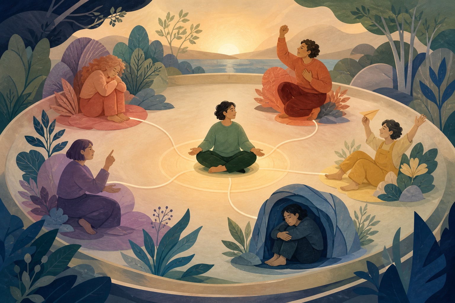 Several connected inner parts gathered around a calm central figure inside one shared circle